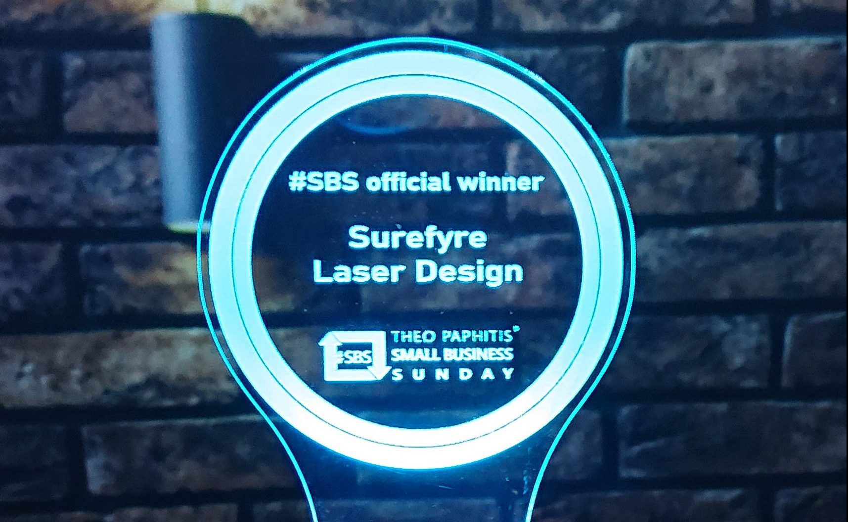 Our Theo Paphitis SBS badge in illuminated acrylic